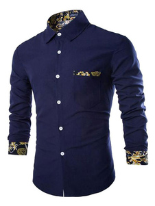 Shirt marine foncé coton imprimé chemise Casual pour hommes