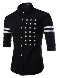 Chemise noire rayures coton imprimé étoiles occasionnel Shirt pour hommes