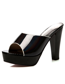 Sandales à plateforme noir glacé PU haut talon chaussons pour femmes