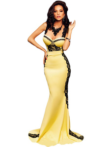 Les éponges jaunes et noires dentelle buste Maxi Mermaid Dress