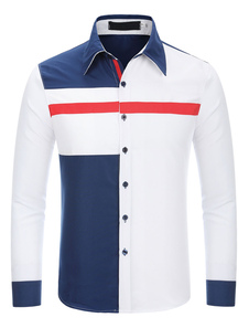 Blanc rayé Shirt impression coton Chemise Casual pour hommes