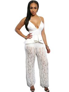 Combinaison blanche Spaghetti bretelles dentelle Peplum Jumpsuit