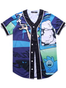 Bleu chemise Cartoon impression coton Casual chemise à manches courtes pour hommes