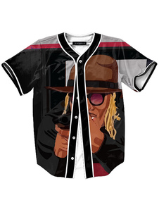 Noir chemise caractère impression coton Casual chemise à manches courtes pour hommes