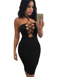 Halter rouge Lace-up buste Hollow-out Club Midi Party Dress