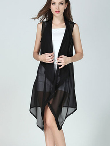 Gilet Long noir asymétrique semi Sheer Slim Fit gilet pour femmes