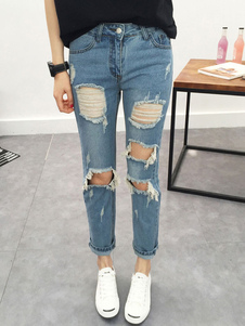 Bleu déchiré Jeans femmes en détresse Cropped Pants