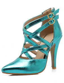 Bretelles bleu sandales a souligné Toe PU talons pour femmes