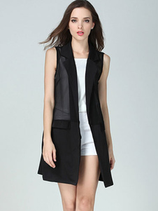 Gilet Long noir semi Sheer poches Slim Fit veste pour femmes