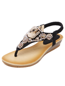 Thong perlée ou plus PU noir sandales pour femmes