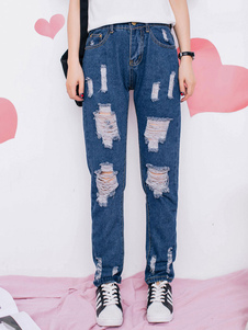 Denim Straight bleu Jeans déchirés en Difficulté pantalons pour femmes