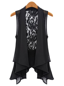 Gilet Long noir coupé dentelle asymétrique en mousseline de soie gilet pour femmes