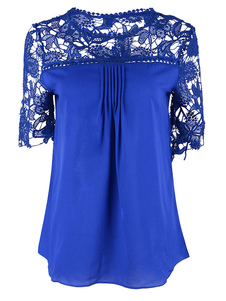 Coupe bleu Blouse dentelle Top Chic en mousseline de soie pour femmes