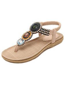 Thong Bohème Flats abricot PU perlé sandales pour femmes