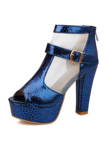 Peep Toe plateforme sandales bleu impression PU talons pour femmes