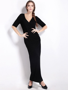 Black Split Maxi robe Polyester profonde-V
