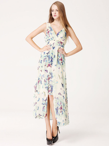 Haut/bas bleu Maxi robe asymétrique profonde-V en mousseline de soie robe imprimée