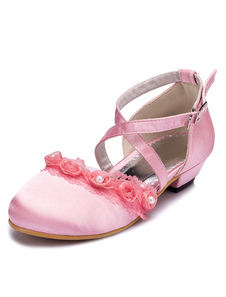 Chaussures de demoiselle rose perle fleur Croix chaussures en Satin bretelles