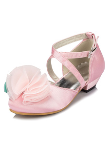 Demoiselle rose Ruffles sandales fleur Croix chaussures en Satin bretelles
