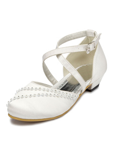 Fille fleur blanche chaussures chaussures en Satin bretelles croisées