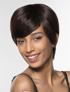 Euro Style brun perruque Bangs Chic courte perruque de cheveux humains pour les femmes