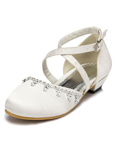 Strass chaussures fille fleur blanche Croix chaussures en Satin bretelles
