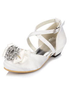 Fille fleur blanche sandales strass arc Croix chaussures en Satin bretelles