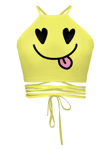 Jaune Croix Crop dos sangles supérieures Cartoon impression coton mélange Camis pour femmes