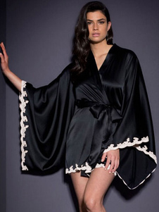 Tissu satin Front ouvert noué noir robe Sexy pour femmes