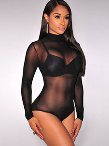 Pôle de semi Sheer Spandex manches longues col haut noir vêtements de danse