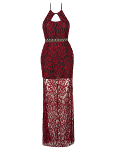 Licol rouge bretelles robe Maxi découpe dos nu robe en dentelle