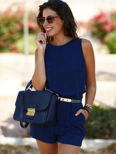 Barboteuse bleu profond dos nu ceinture coton barboteuse pour les femmes