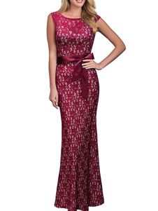 Bourgogne Maxi robe dos-nu dentelle découpe Bow Sash robe