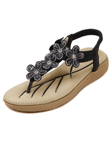 Jeweled plat PU cuir Holiday Flat Sandals pour femme