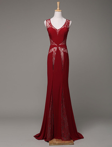 Sirène robe de soirée v-cou dentelle perlant découpe de balayage Train robe de bal