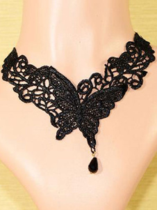 Collier Lolita Gothique dentelle avec broderie papillon
