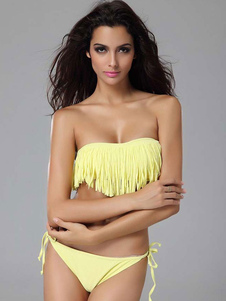 Jaune Sexy Bikini maillot de bain sans fil féminin à pampille