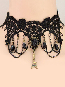 Dentelle noir Gothique Lolita collier avec tour Eiffel Vintage