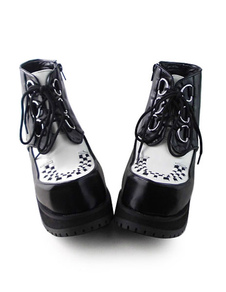 Matte Black White Lolita Square Heels Shoes