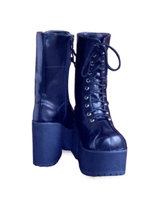 Bottes Lolita bleu marine brillant carré talons