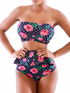 Noir Vintage imprimé bretelles deux pièces maillot de bain avec volant bas
