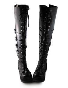 Matte Black Lolita longue place de bottes talons