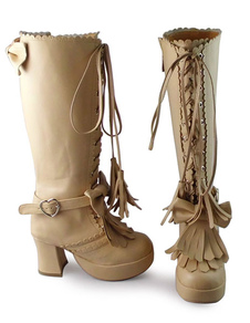 Matte Lolita bottes Square Heels avec arcs glands et Shoeslace