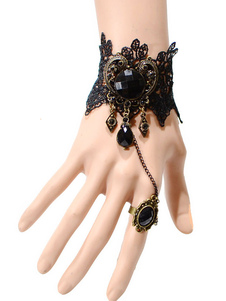 Bracelet dentelle noire vintage avec anneau