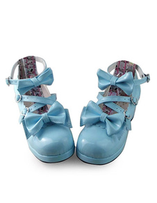 Brillant Light Blue Lolita Shoes Square talons avec noeuds