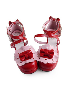 Lolita rouge talons chaussures avec des arcs et garniture rose