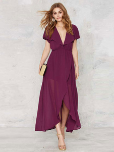 Col v profond manches courtes robe Maxi pour femme