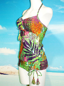 Tropical vert imprimé Tankini maillot de bain féminin Halter