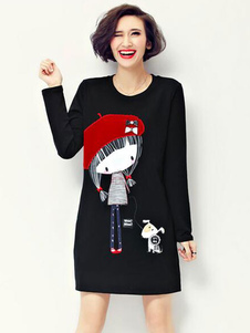 Manches longues noir Cartoon caractères imprimés coton moderne robe