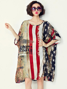 Kaki bijou cou drapeau impression en mousseline de soie robe pour femme